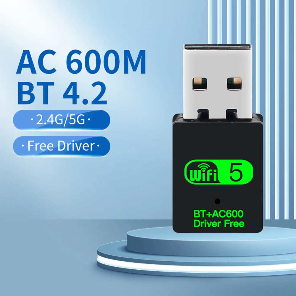 Adaptor Bluetooth WiFi BT4.2 USB 600Mbps, kartu jaringan nirkabel Mini 2.4Ghz 5Ghz, DRIVER penerima WiFi untuk PC