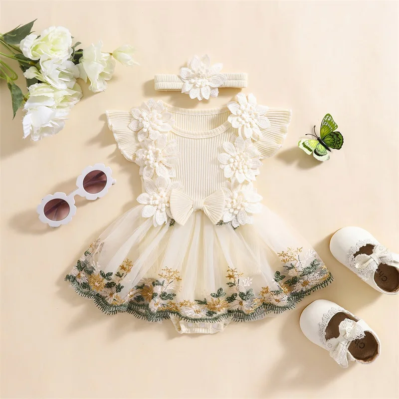 Infant Baby Girl Summer Clothes Romper Dress Floral Embroidery Mesh Tulle Skirt Hem Ribbed Bodysuit Cute Newborn Outfits