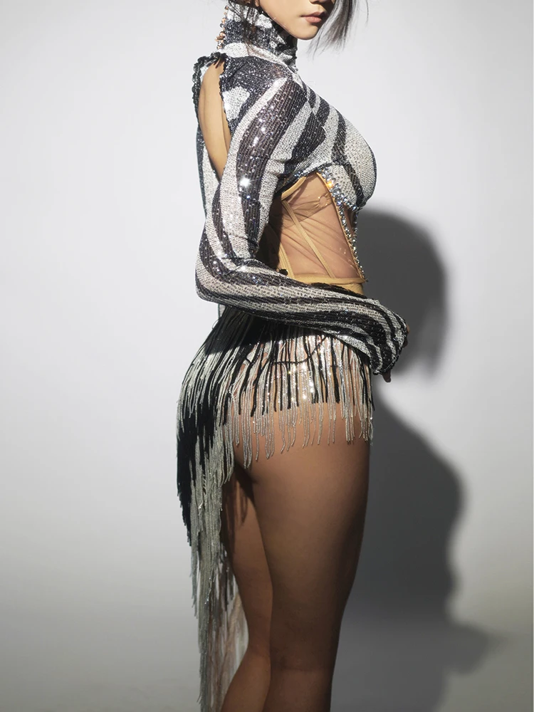 Fashion women black white dress sequin tassel 2Pcs stage costume birthday party club Bodycon team performance drag Queen outfits