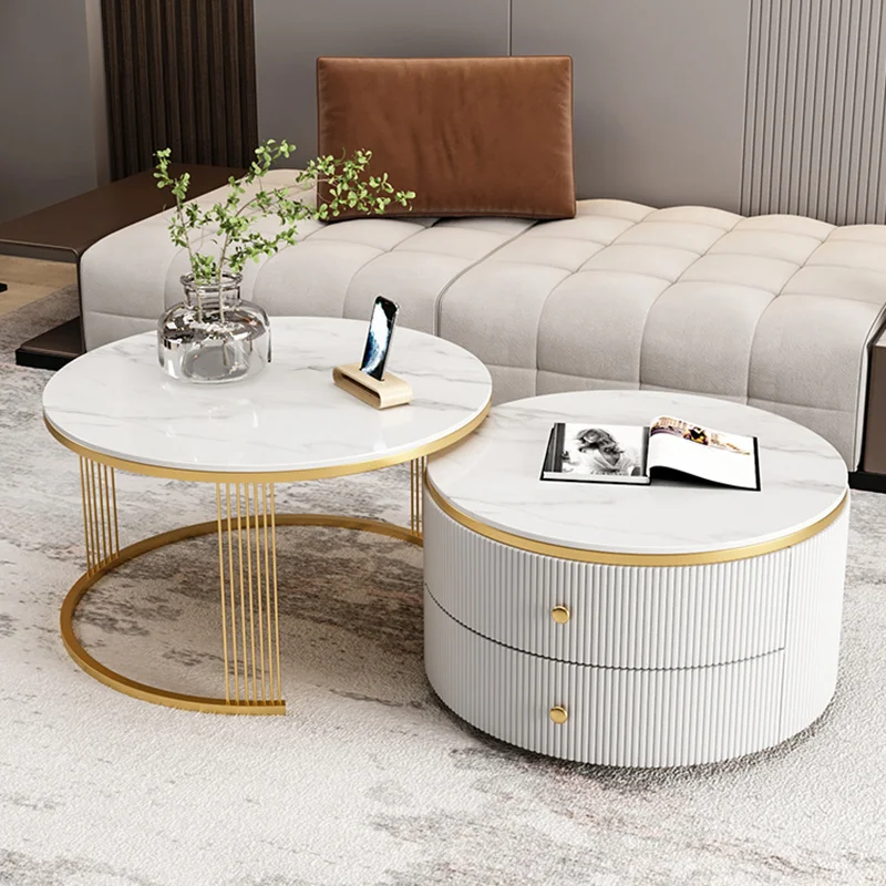 Marble Center Living Room Table Round Set Gold Nesting Metal Round Coffee Table Nordic Luxury Mesa Centro Salon Modern Furniture