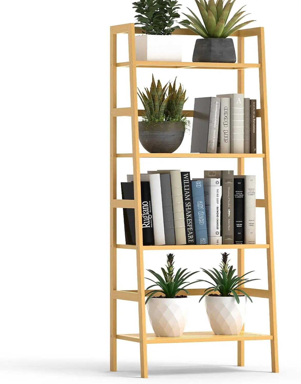 

4-Tier Bamboo Ladder Shelf, Freestanding Bookcase with Space-Saving Design for Living Room, Bathroom, Home Office