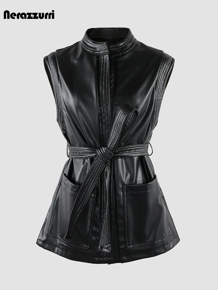 Nerazzurri Autumn Black Soft Pu Leather Vest Women Sashes Pockets Stand Collar Luxury Chic Sleeveless Jacket 2023