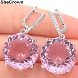 Boucles d'Oreilles Rondes en Argent Rose Kunzite CZ pour Femme, Grand Design Européen, 35x20mm, 16g, 20mm