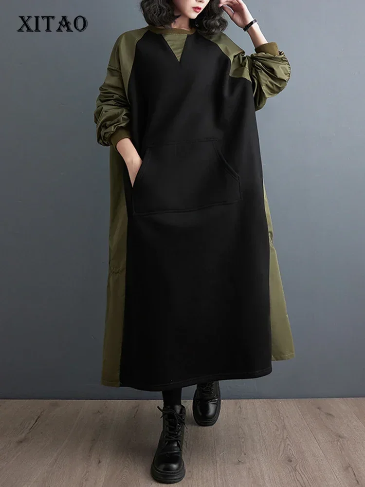 

XITAO Contrast Color Patchwork Dress Folds Splicing Long Sleeve Pullover Loose Sweatshirt Dress 2023 Winter New Women HQQ2007