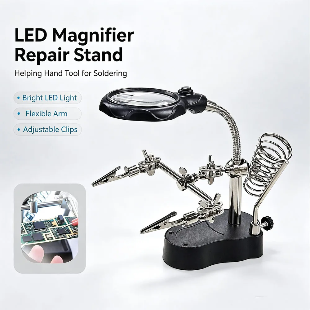 3.5X 12X Helping Hands Third Hand Soldering Iron Welding Stand Station with 2 LED Clip Welding Magnifier Magnifying Glass