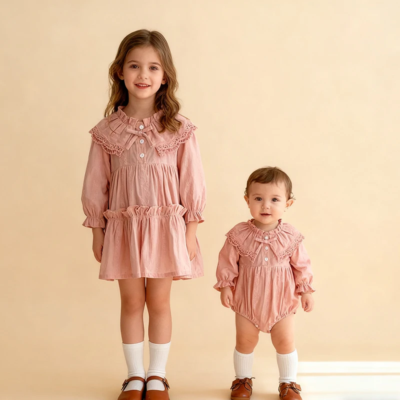 2025 New Autumn 2-6Yrs Girl Party Dress Long Sleeved Cotton Solid Color Embroidery Kids Princess Dresses Baby Girl Romper