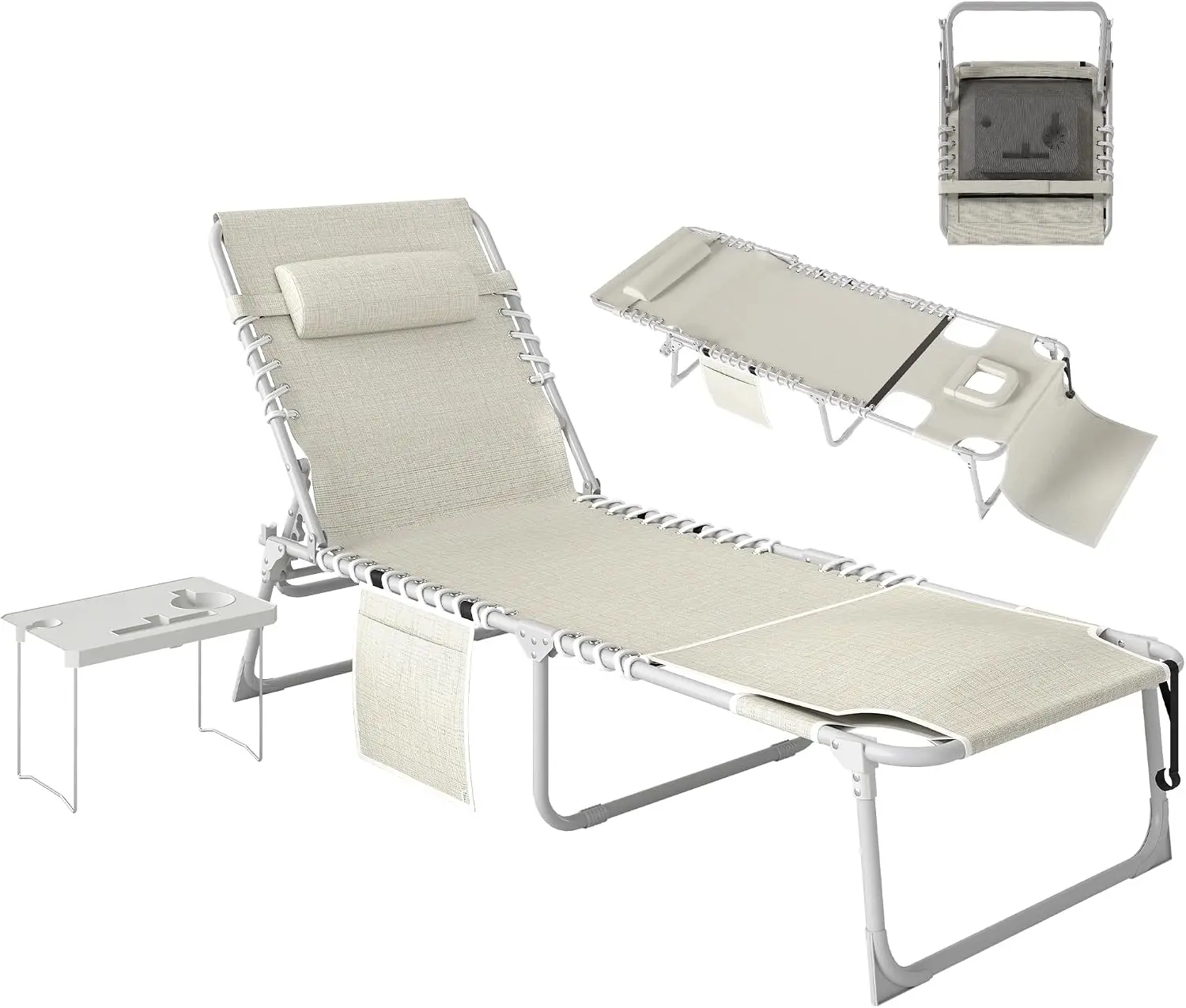 Tanning Chair With Face Hole Breathable Mesh Beige Folding Beach Lounge Chair Side Table 5 Position Reclining Chaise Portable Recliner Outdoor Camping Pool
