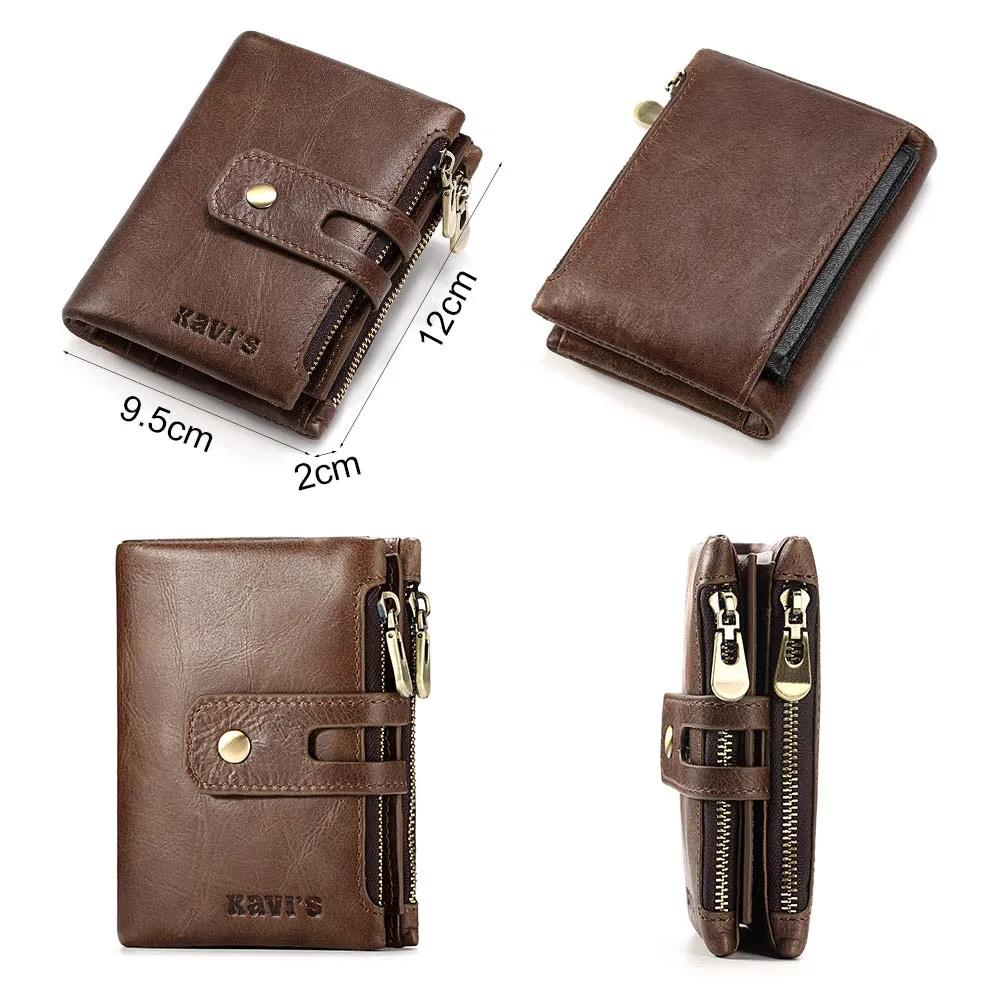 First Layer Leather Mens Wallet with RFID Card Holder Purse Short Cowhide Zip Coin Pocket Bifold Women Clutch cartera hombre