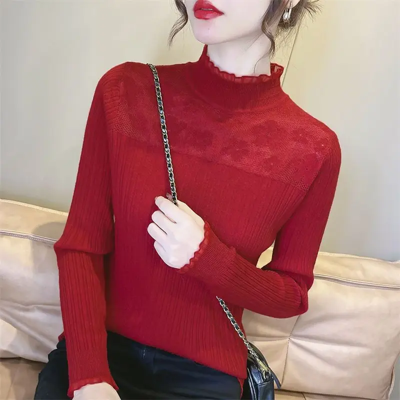 Women Spring New Trendy Elegant Half High Collar Pullover Base Layers Hollow Out Lace Spliced Sweater Versatile Long Sleeve Tops