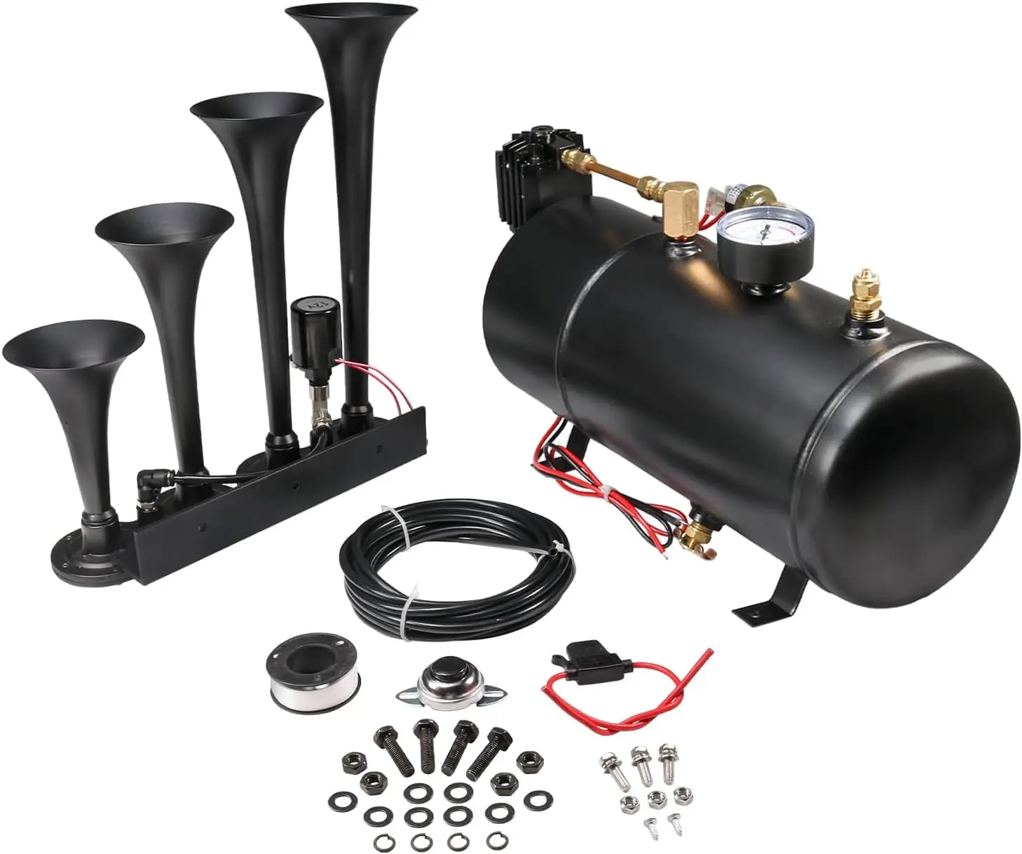 4 Trumpet Train Horn Kit for Car/Truck/Pickup/Semi/Jeep/RV/SUV 12v Complete Onboard System 150psi Air Compressor, 1 Gallon Air T