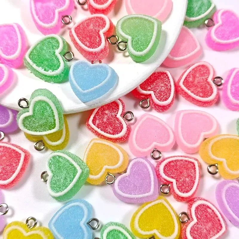 10Pcs Sweet Candy Heart Resin Charms Multicolor Gummy Heart Pendants DIY Jewelry Findings For Keyring Earring Making