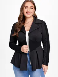 ROSEGAL Plus Size Women's Outerwear Black Jacket Fashion Ribbed Panel Zippers Turn Down Collar Coats Autumn Casual Tops