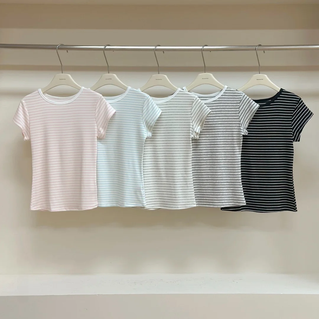 Slimming Effect Ruche Shoulder Classic Striped Short Sleeve T-Shirt Women's Casual Style Fashionable Summer New Arrival