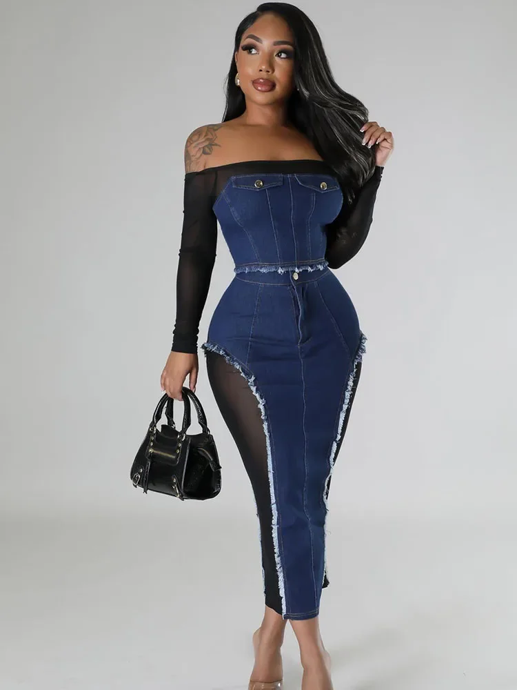 Elegant Mesh Patchwork Denim Dress Sets Womens 2 Piece Outfit Set Clubwear Slash Neck Crop Top and Long Skirt Matching Sets Chic