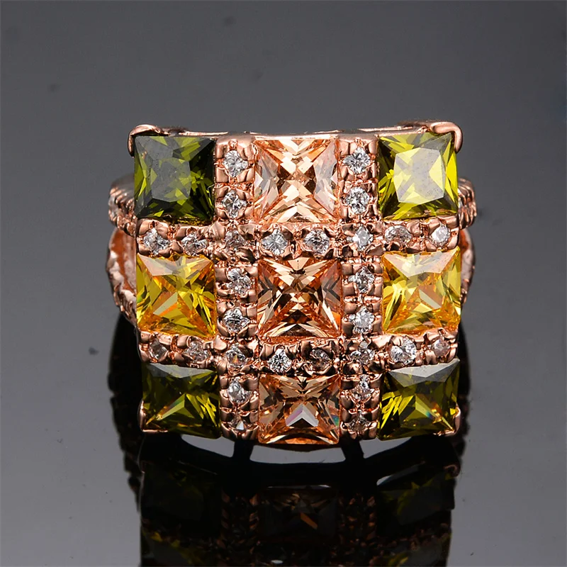Luxury Female Multicolor Zircon Large Square Rings For Women Rose Gold Color Yellow Olive Green Stone Cocktail Jewelry