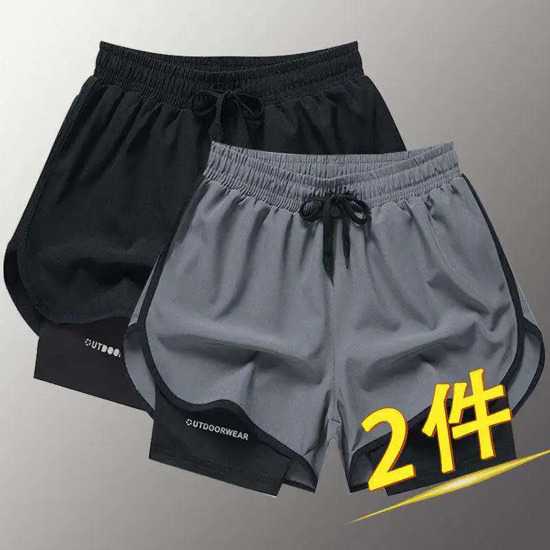 Ice Silk Casual Running Shorts Men's Fitness Ultra-Shorts Three-In-One False Two-Piece Knee-High Sports Leisure Swimsuit