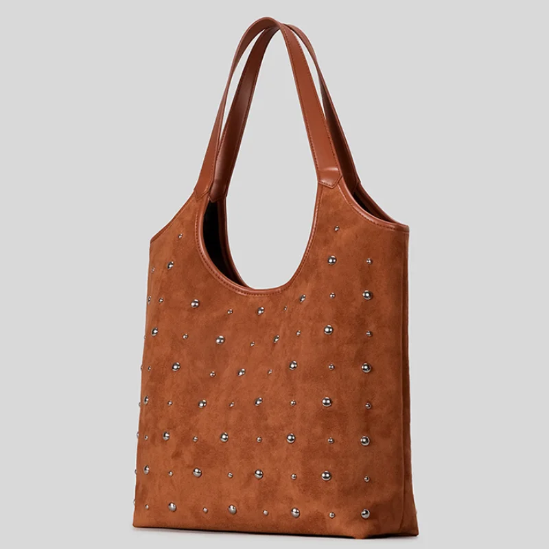 

Suede Metal Rivet Shoulder Bag Women's Punk High-end Underarm Tote Bag Autumn Winter Trend Suction Buckle Casual Bucket Bag