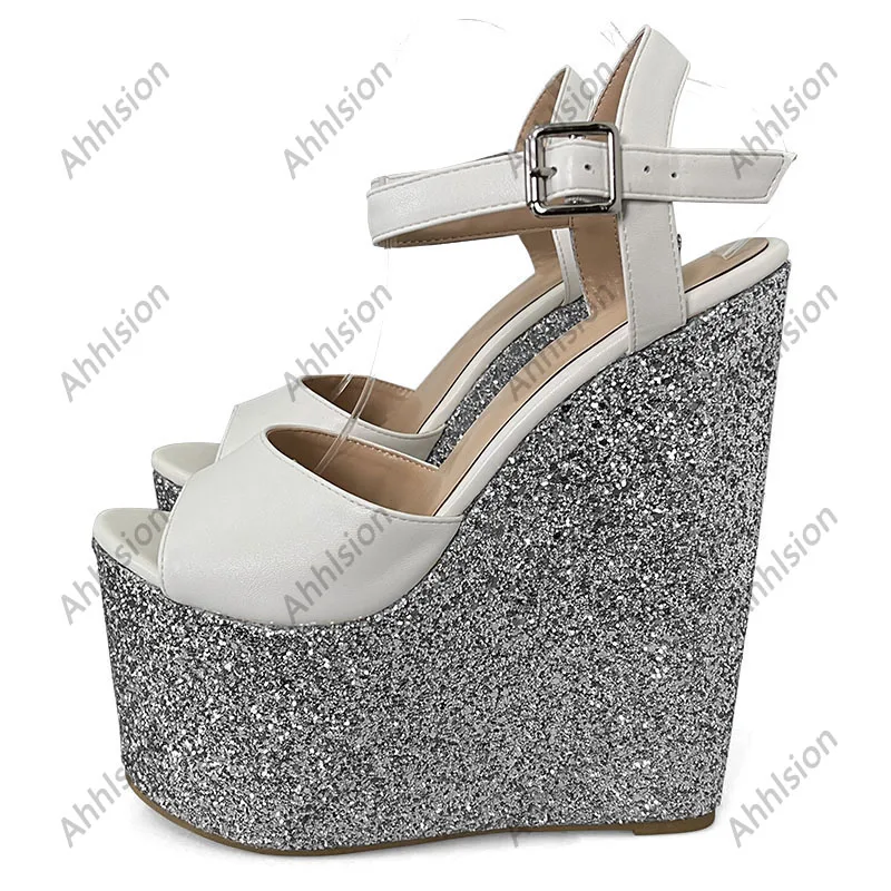 Ahhlsion New Arrival damskie sandały brokatowe Ultra wysokie kliny obcas Peep Toe piękne złoto srebrne buty imprezowe damskie w rozmiarze 4-15