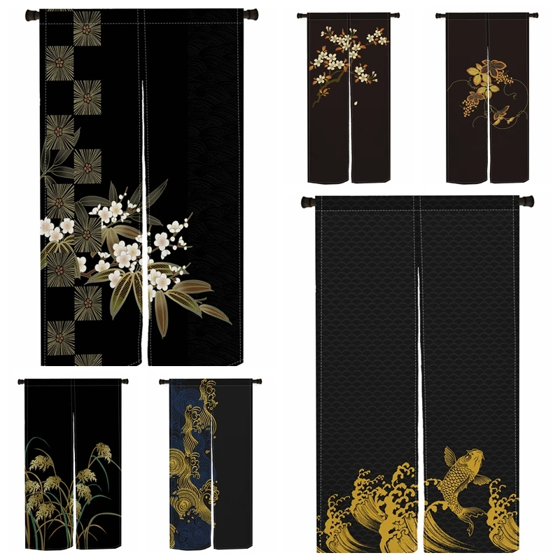 Luxury Black Gold Noren Door Curtains Koi Fish Wave Izakaya Dining Room Partition Linen Doorway Curtains Kitchen Half Curtains