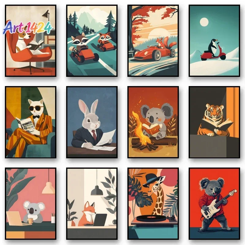 1pc frameless Funny Animals Reading Driving Poster Cute Squirrel Koala Dog Cat Drinking Coffee Canvas Wall Art for Room Home