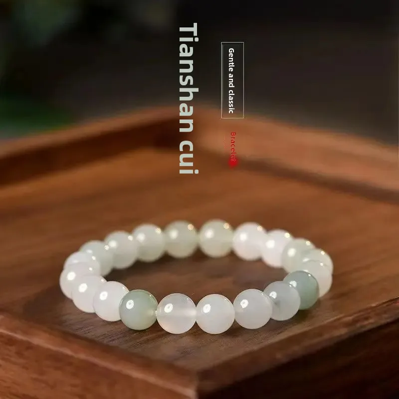 Women's Natural Jade Beaded Bracelet For Daily Wear Party Birthday Gift Tianshan Cui Hetian Golden Silk Jade Floating Flower Rou