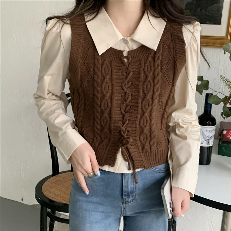 Solid Red Sweater Vest Women High Street Design Belt Twist Knitting Sleeveless Sweaters Loose Cropped Vests Female Korean Style