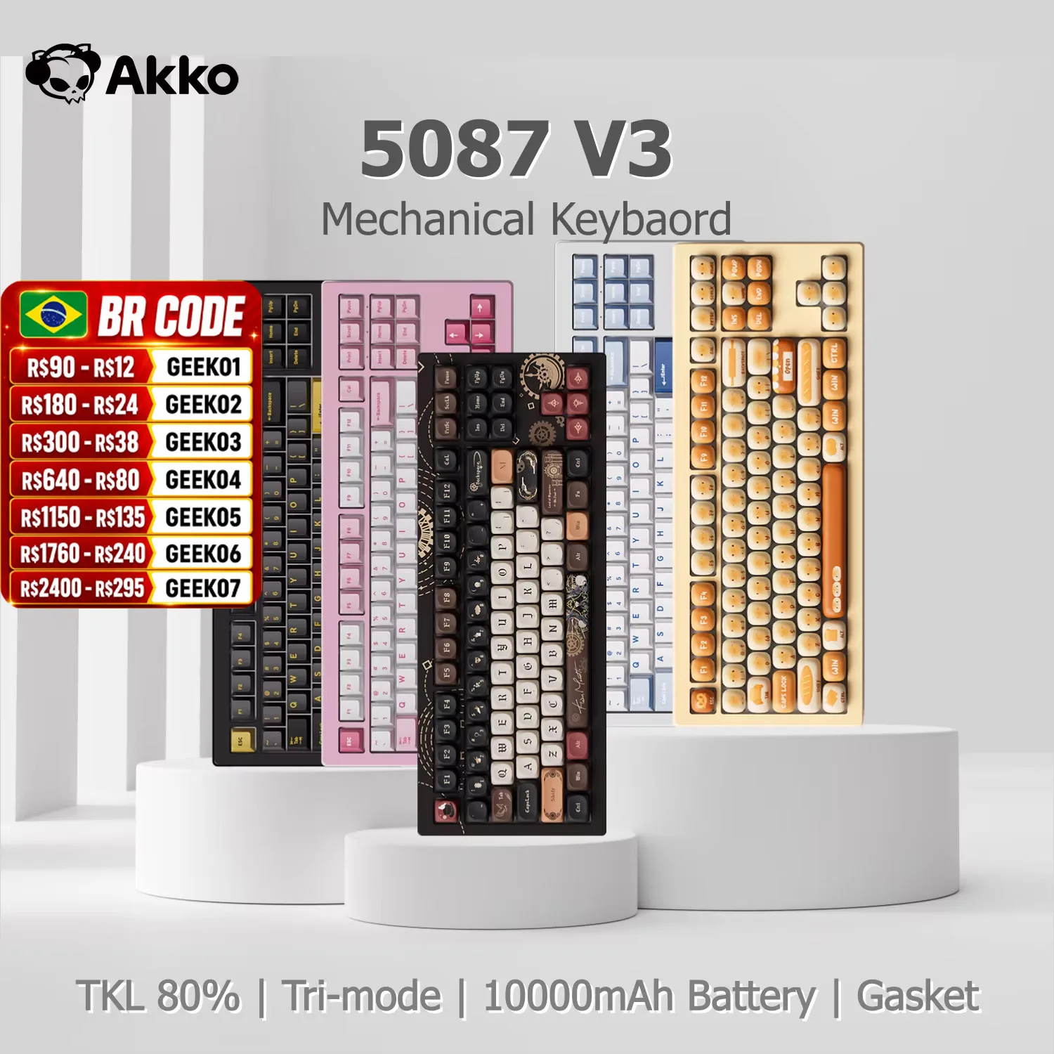 Akko 5087 V3 Keyboard 80% TKL Layout ANSI-US Hot-swappable RGB USB Type-C/2.4g&BT5.0 Tri-mode Custom Gaming Mechanical Keyboard