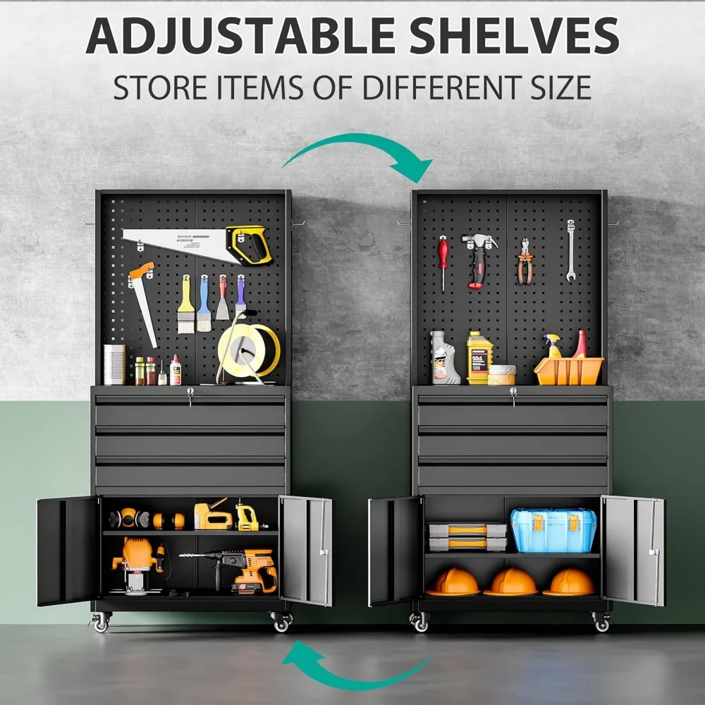 Gabinete de almacenamiento de metal con cerradura rodante con cajones para garaje, gabinete de herramientas resistente con ruedas, Sto de resistencia industrial negro