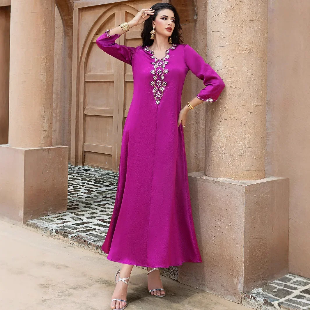 

Eid Ramadan Party Dress for Women Muslim Abaya Diamond Flare Sleeve Long Dress Morocco Kaftan Vestidos Dubai Party Gown Jalabiya