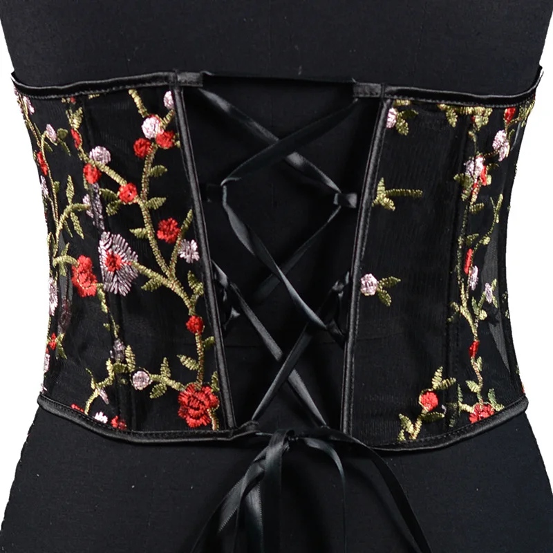 Embroidery Floral Corset Waist Trainer Mesh Transperant Underbust Bustier Top Curve Shaper Strap Slimming Cincher Girdle Korse