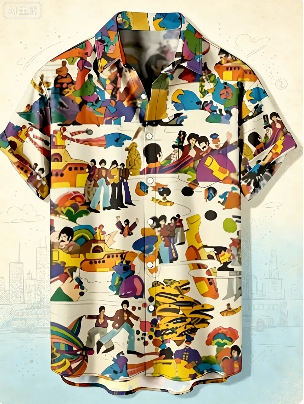 Fashionable Summer Men's Essential Cartoon Character Pattern Fashion Short Sleeved Shirt for Hawaii Beach Travel
