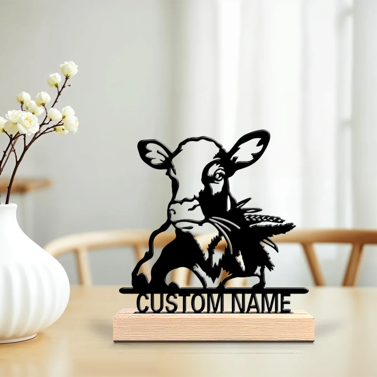 1pc Pastoral  Calf Wheat  Custom Name Metal Statue Iron Ornament With Wood Base Tin Ornament With Wood Base For Boys Gifts