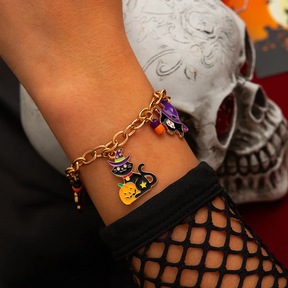 Europe and America Silver Color Oil Drip Sickle Reaper, Bat, Vampire Tooth Pendant Bracelet Halloween Joyful Atmosphere Bracelet