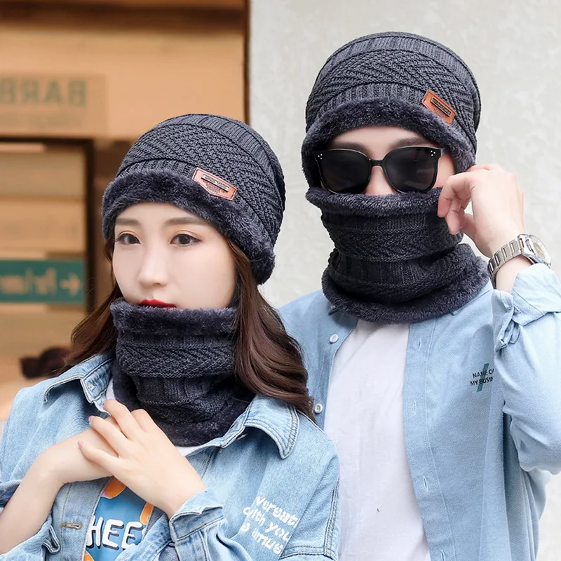 3pcs/set Fashion Knitted Hat Men Women\'s Winter 2022 Hats With Scarves And Touch Screen Gloves Thick Warm Beanie Hat Men Caps