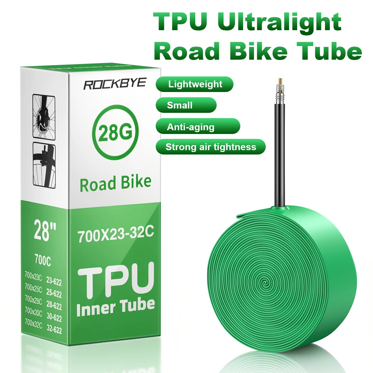 ROCKBYE TPU Road Bike Inner Tube 700x23-32C 700C FV 65mm Presta Ultralight 28g Puncture Resistant Bicycle Tire Tube High Elasticity Heat & Cold Resistant Portable Compact Cycling Spare Parts