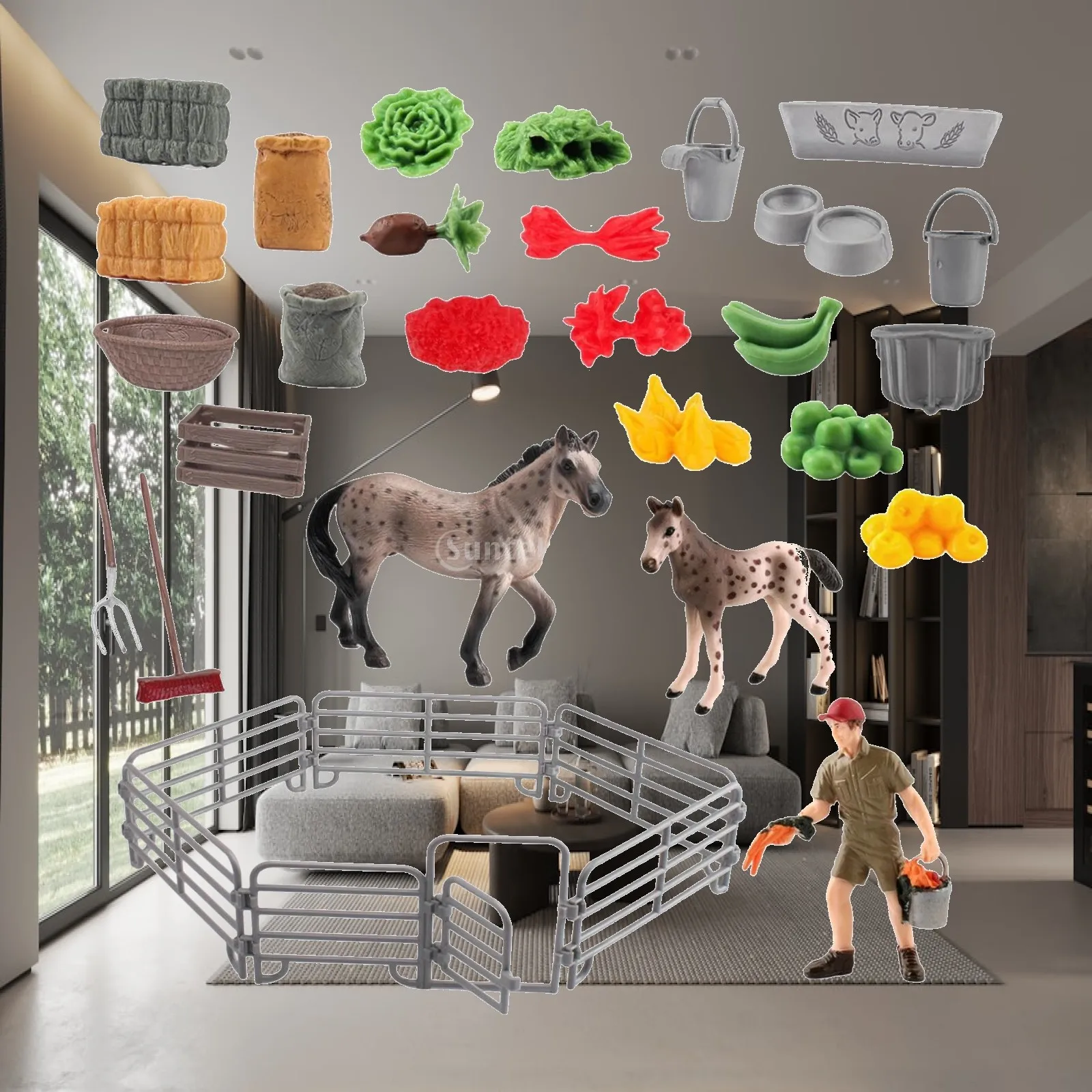Horse Stable Figurine Playset with Fence Accessories Kids Animal Toys Set for Pretend Play Farm Scene