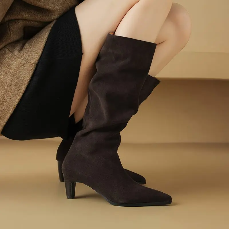 

MORAZORA Size 34-43 Cow Suede Genuine Leather Knee High Boots Women Spike High Heels Fashion Boots Slip On Party Street Shoes