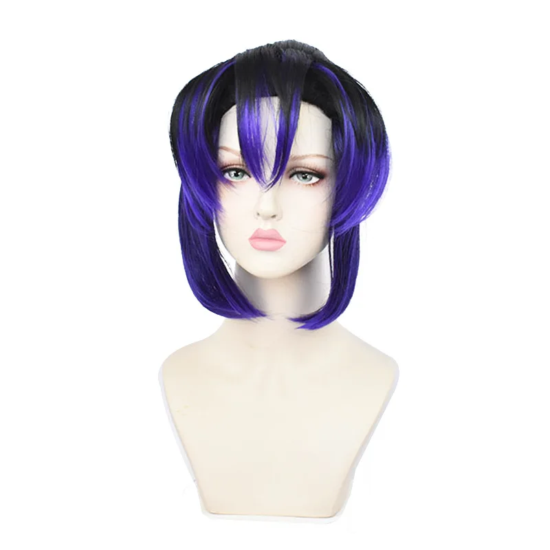 Kochou Shinobu Cosplay Perücke 35 cm Schwarz Lila Farbverlauf Schöne Pferdeschwanz Haar Perücke Hitzebeständige Synthetische Perücken Halloween + Perückenkappe