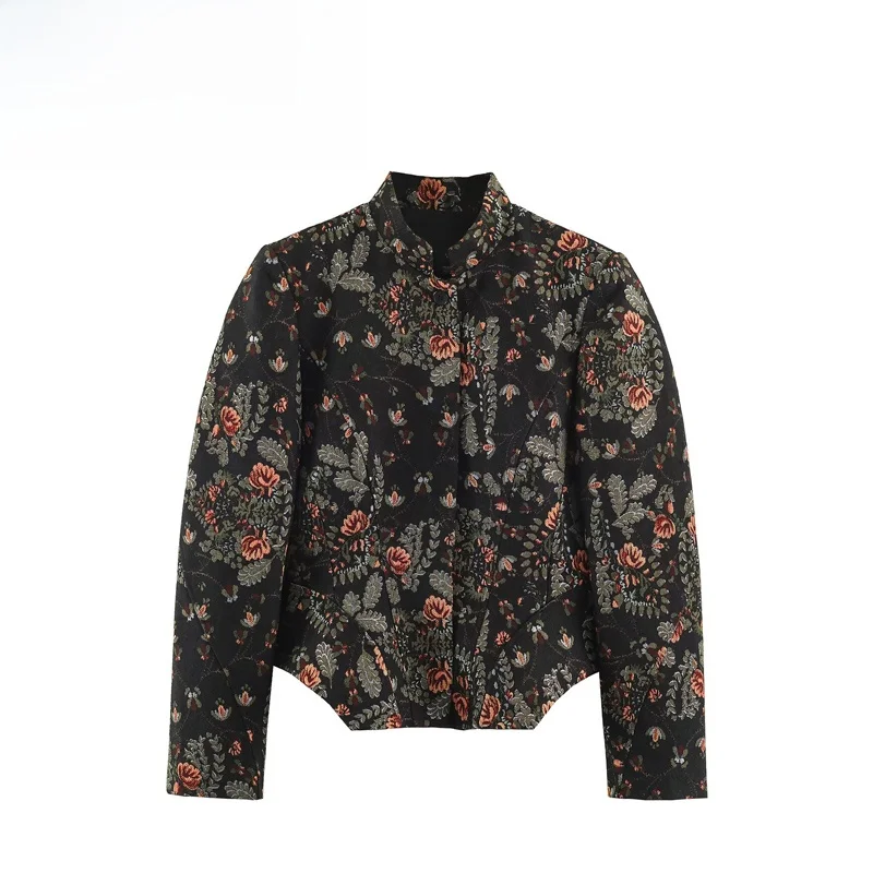 Fashionable Nine-Point Short Skirt Coat Women's Straight Leg Long Sleeve High Collar Polyester Fiber Plant Floral Pattern