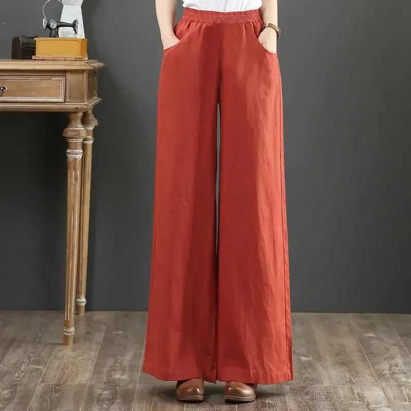 Fashion Women's Clothing Pants Purple Straight Leg Trousers for Woman Linen with Pockets Elastic Waist Drawstring One Size