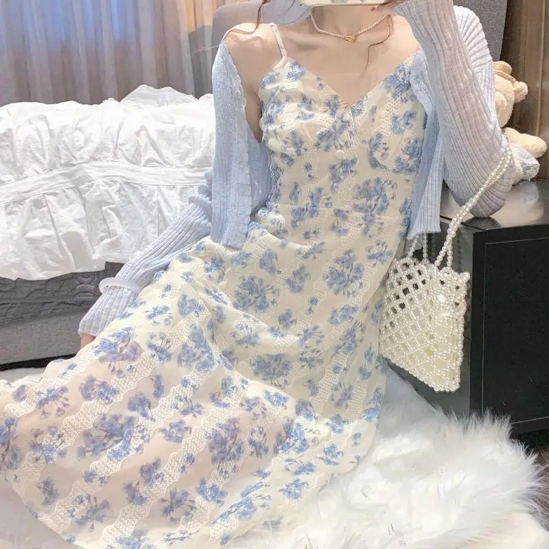 

Summer Chiffon Floral Suspender Dress Women's Sweet Long V-Neck French Corset Stitching Bud Stripe Slim Breathable Soft Dress