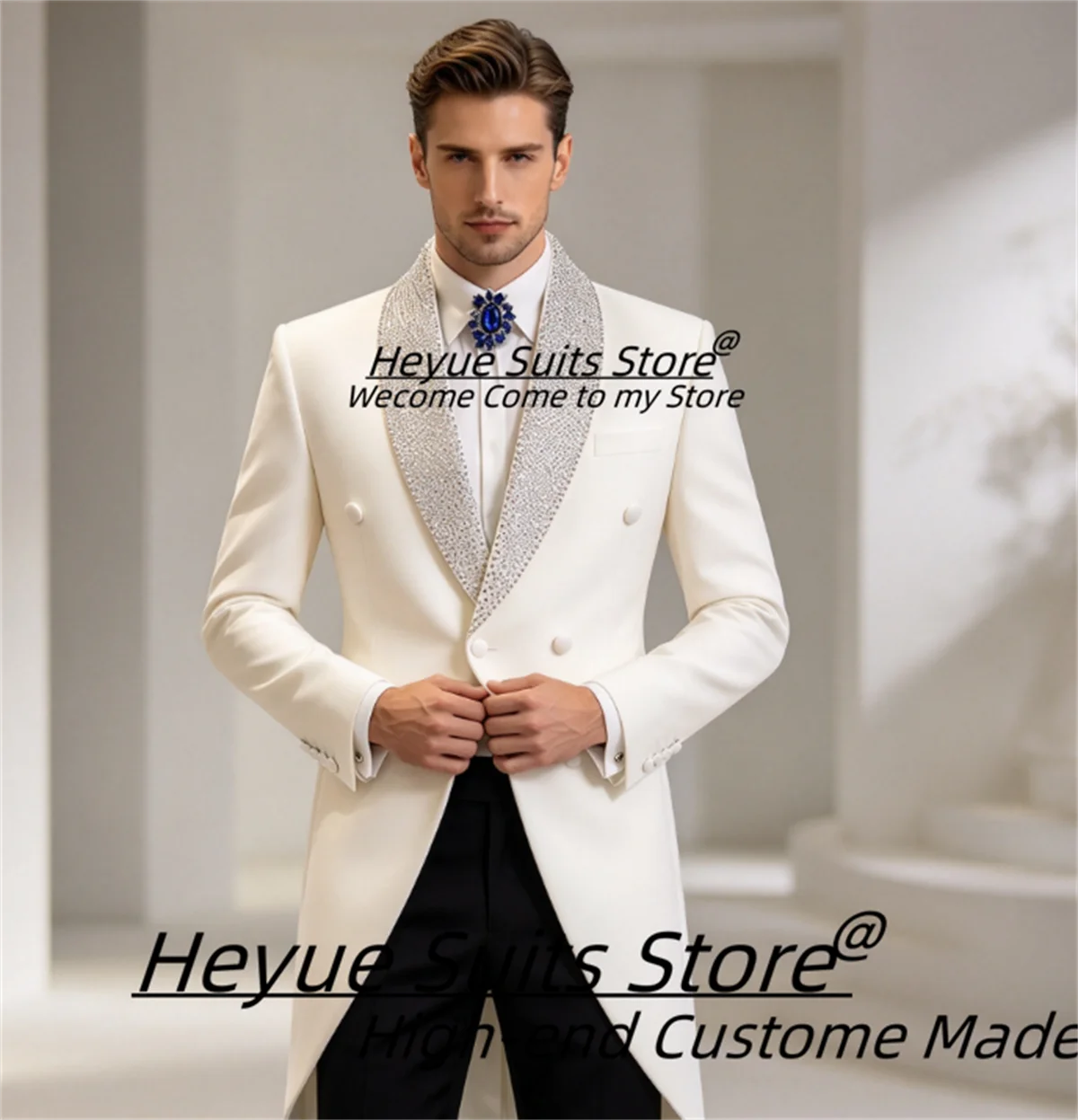 Shiny White Tailcoat Men Suits Shiny Rhinestone Shawl Lapel Double Breasted Groom Wedding Tuxedos 2Pieces Sets Male Prom Blazers