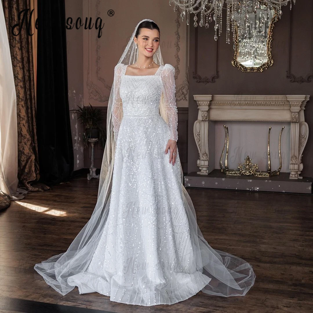 High Quality Arabic Wedding Dress with Veil 2023 Luxury Women Full Beading Bridal Gowns Vestidos De Novias Sencllos Yelegantes