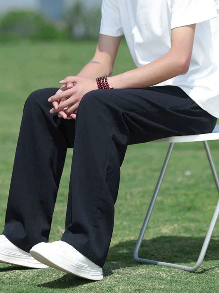 

Мужские летние тонкие прямые повседневные брюки из высококачественного льна, свободные, широкие, драпирующиеся, модные, дышащие, легкие