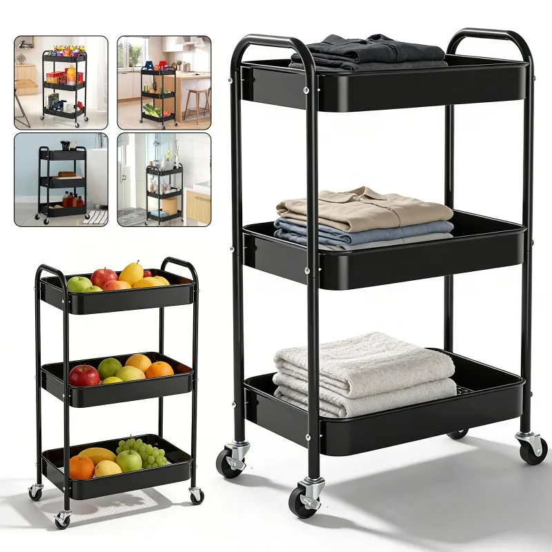 Étagère de rangement roulante en fil métallique noir à 3 niveaux, chariot utilitaire mobile à structure métallique équipé de 2 roulettes à frein verrouillables, étagère à roulettes pour cuisine, salle de bain, garde-manger, rangement domestique