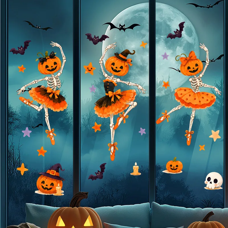 Ballet Pumpkin Skeleton Window Clings, Dancing Skull Glass Stickers, Halloween Festive Decor for Home Party Decoration