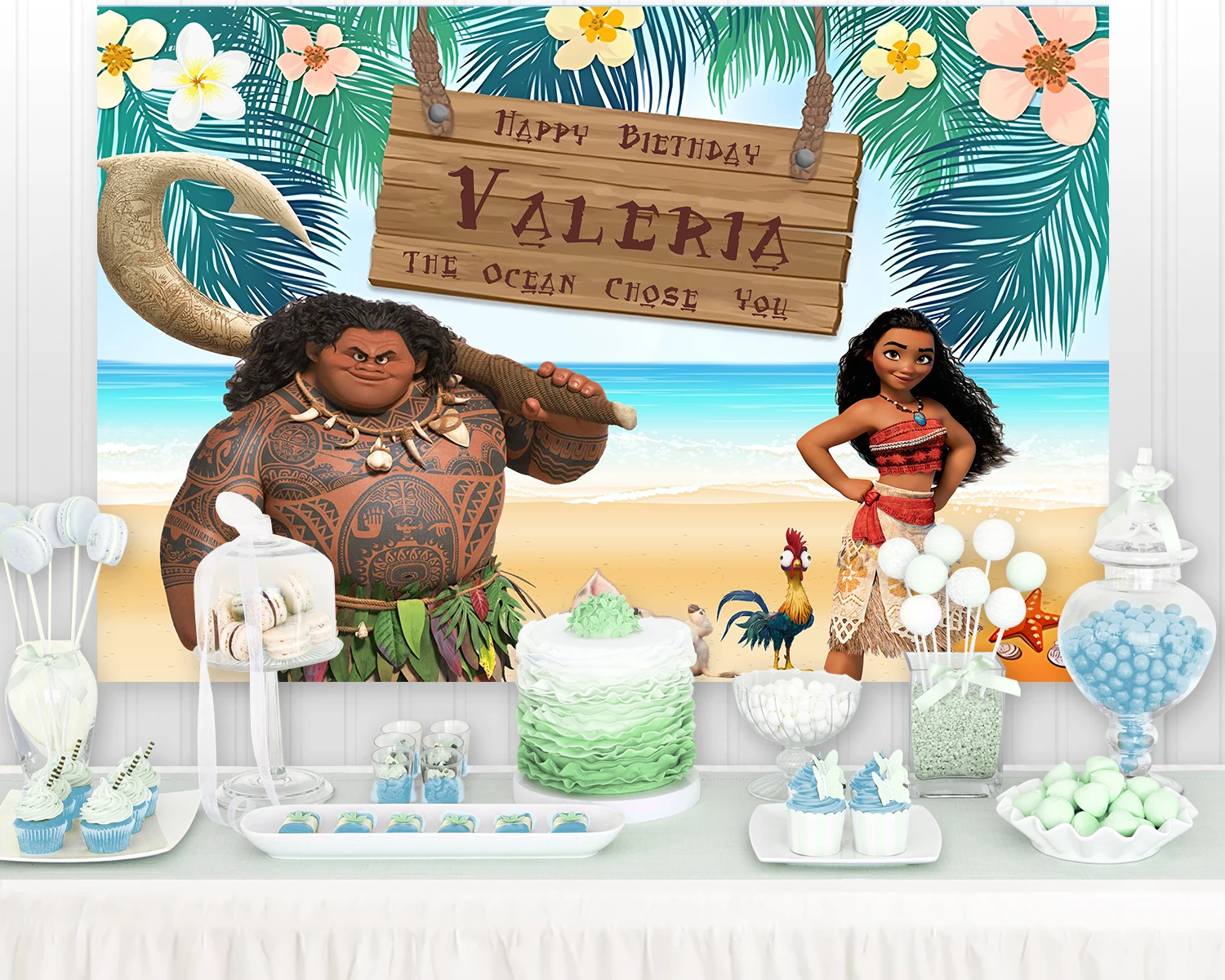 كارتون شاطئ موضوع التصوير خلفية ، حفلة عيد ميلاد الديكور ، شاطئ النخيل الخلفيات ، استحمام الطفل ، موانا ماوي