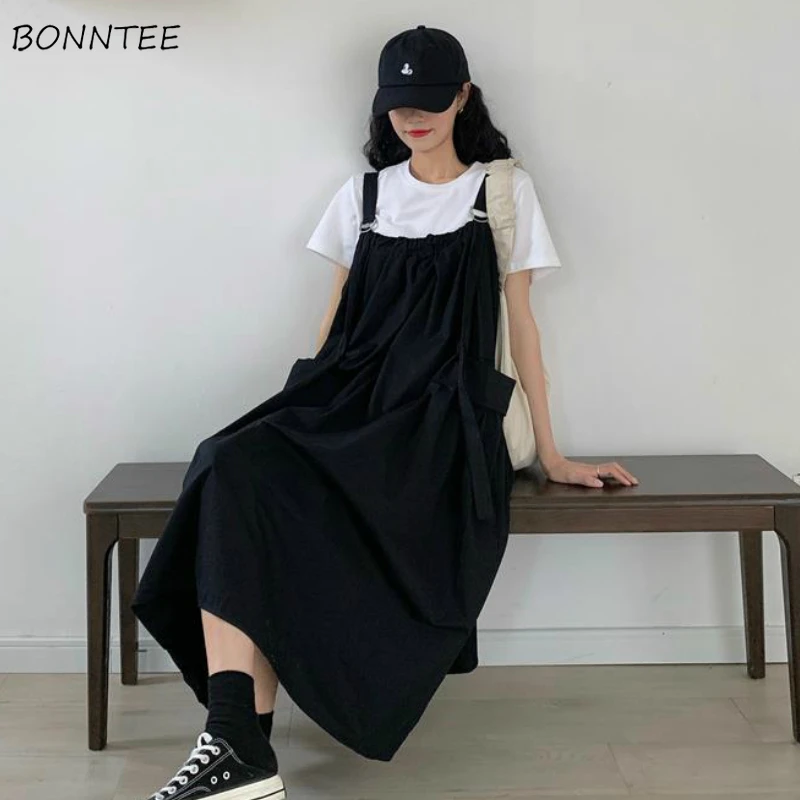 Dress Women Sleeveless Suspender Baggy Japanese Student Kawaii Casual All-match Fashion Ulzzang Summer Midi A-line Solid Mujer