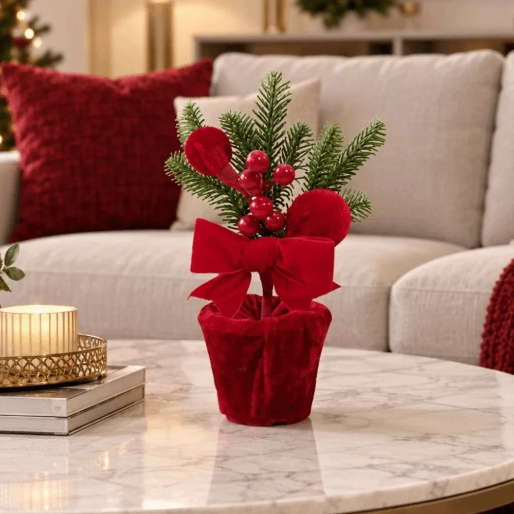 Velvet Fabric Red Christmas Ball Potted Plant Freestanding Artificial Pine Branches and Berries Potted Plant Ornament