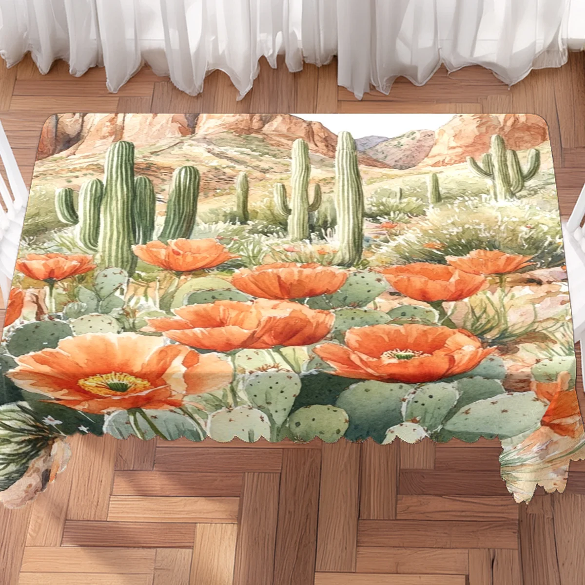 Desert Cactus Orange Poppy Mountain Tablecloth,Rectangular Washable Table Cover for Dining Room & Rustic Family Party Decoration